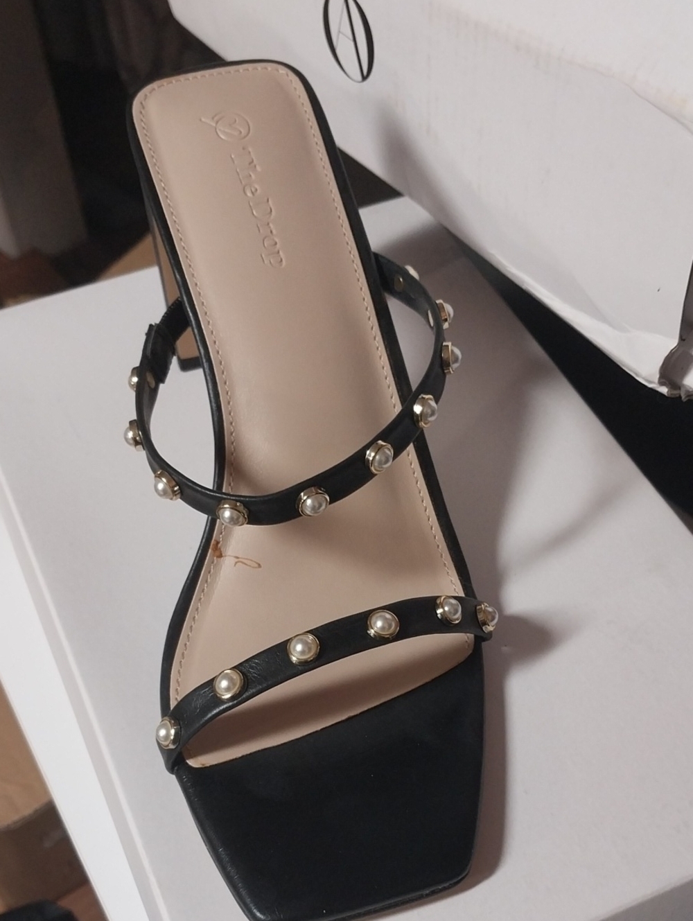 Studded Pearl-Trim Black Slide Heels